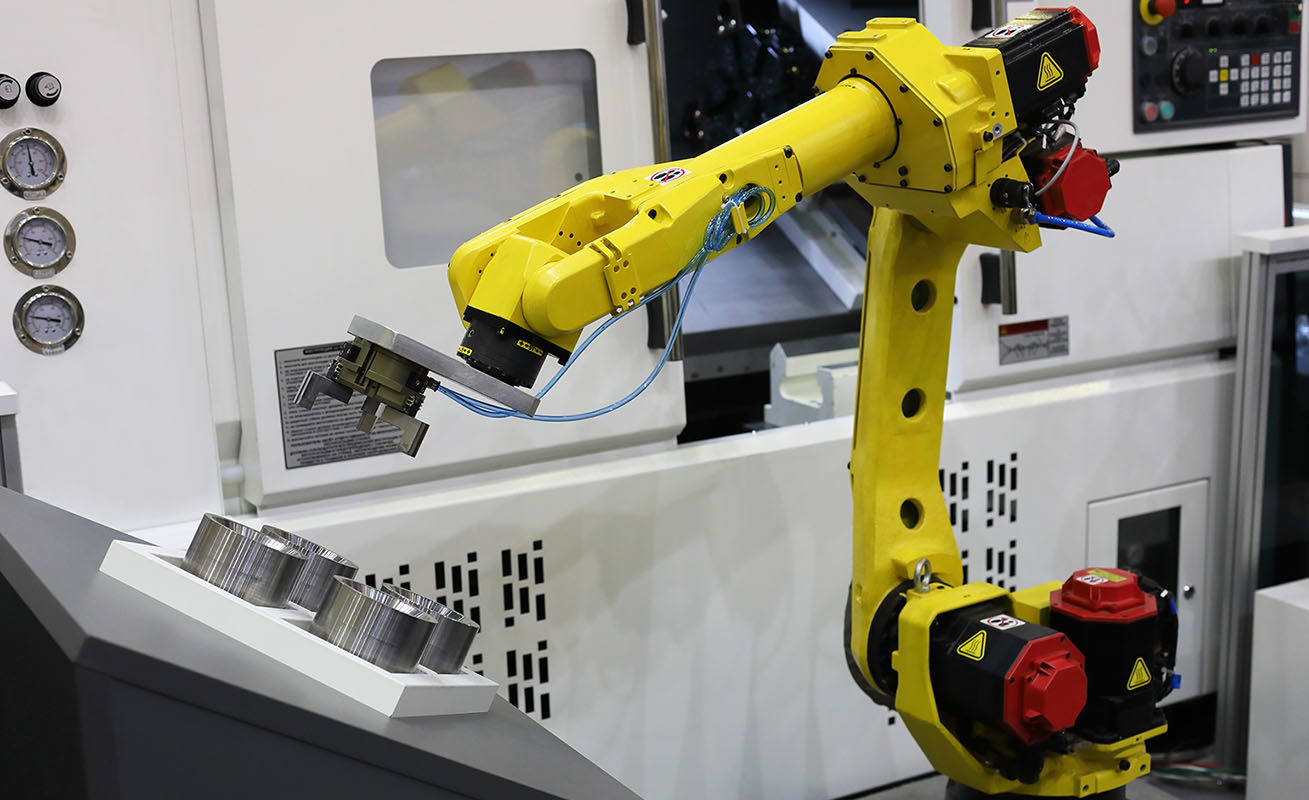 Robot tending a horizontal CNC machine.