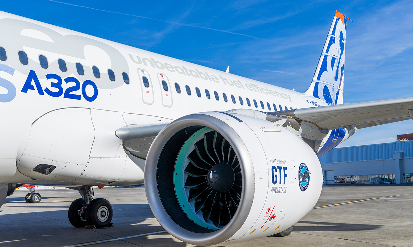 The Pratt & Whitney GTF Advantage test-mounted on an Airbus A320neo jet.