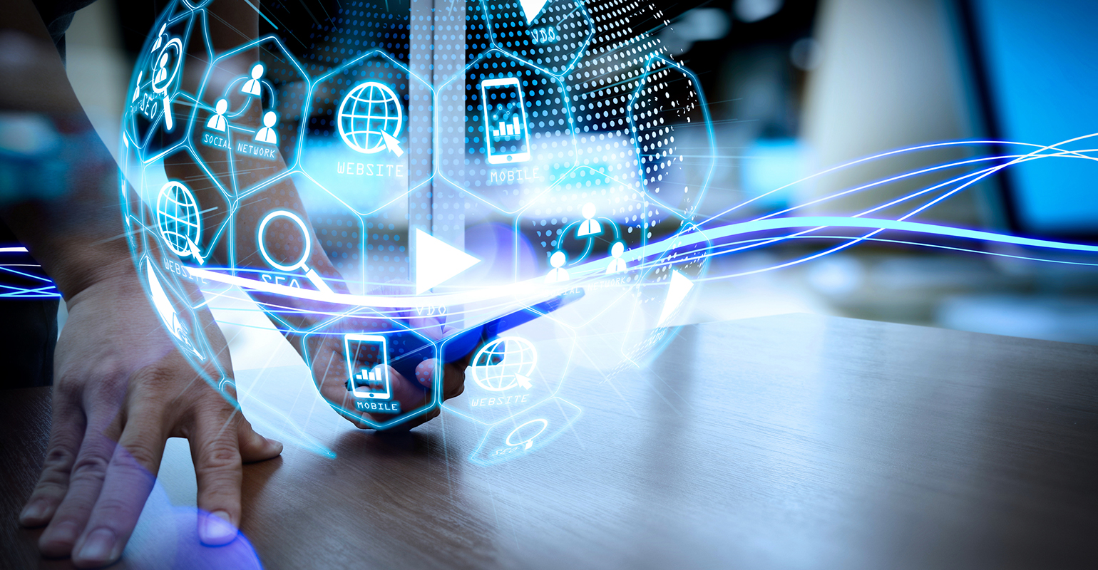 Digital marketing media - website ad, email, social network, SEO, video, mobile app - in virtual globe shape diagram.