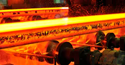 Hot steel bar at con caster runout. Hot steel bar at con caster runout.