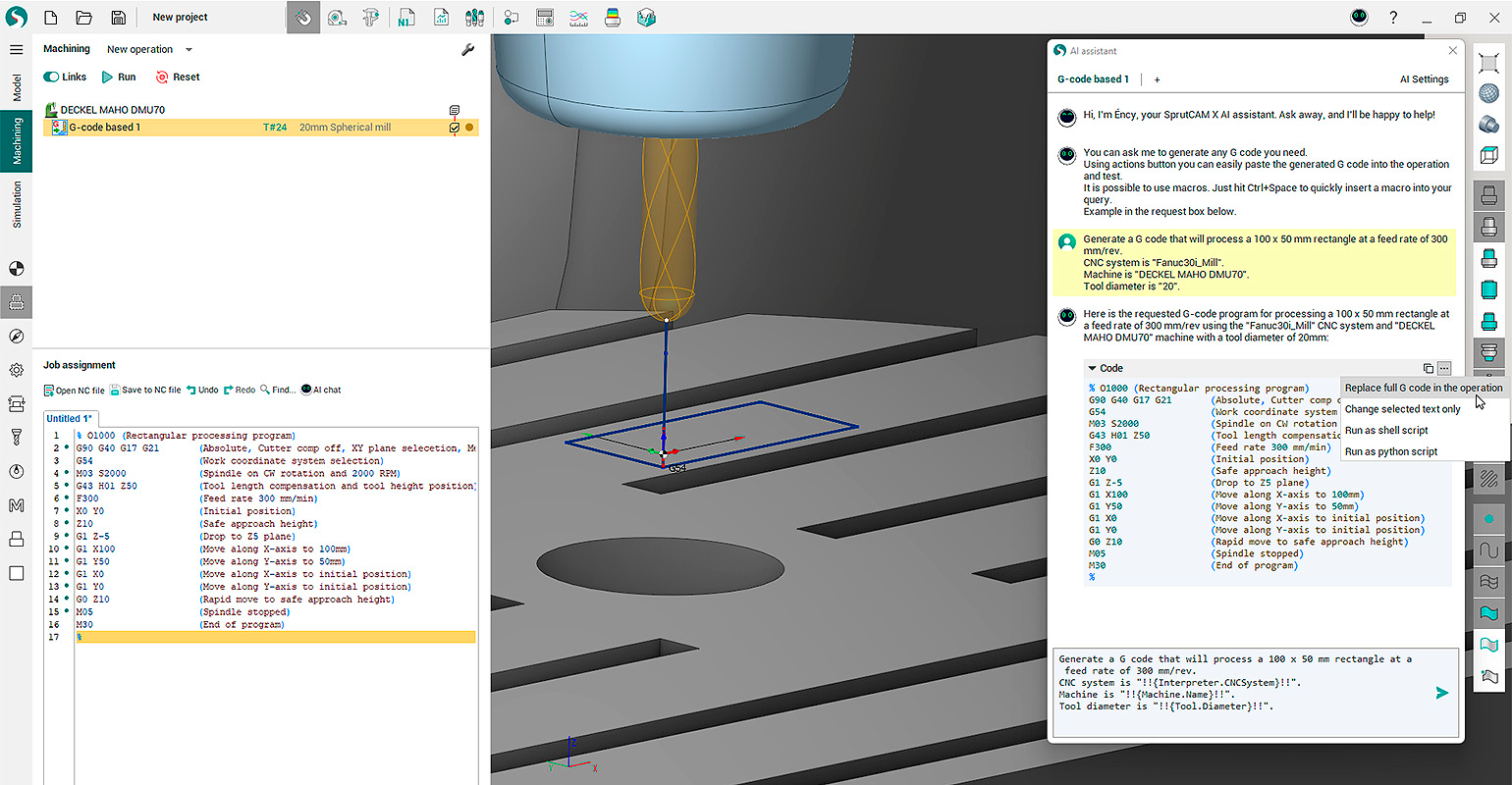 The SprutCAM AI assistant is powered by the OpenAI API, which uses deep learning models to understand and generate natural language.