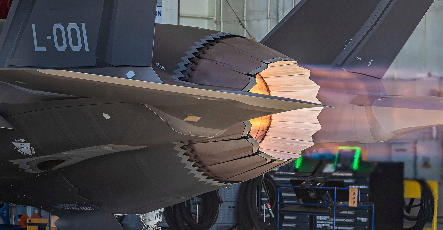 Closeup view of F-135 turbofan engine.