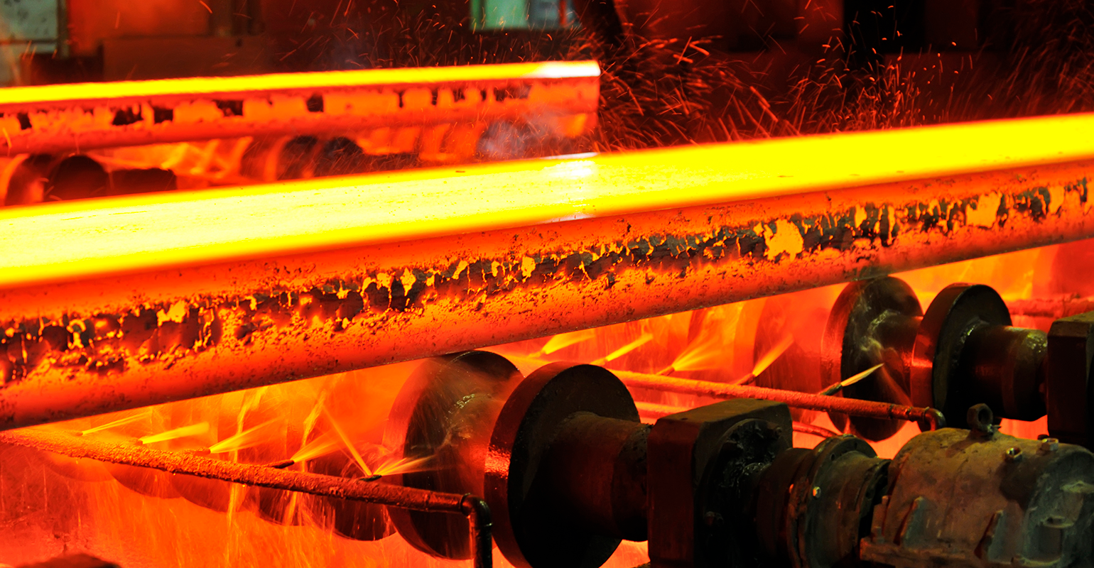 Hot steel bar at con caster runout.