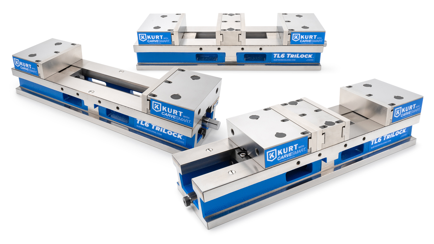 Kurt TL6CSP TriLock vise with CarveSmart jaws quickly changes between three vise styles.