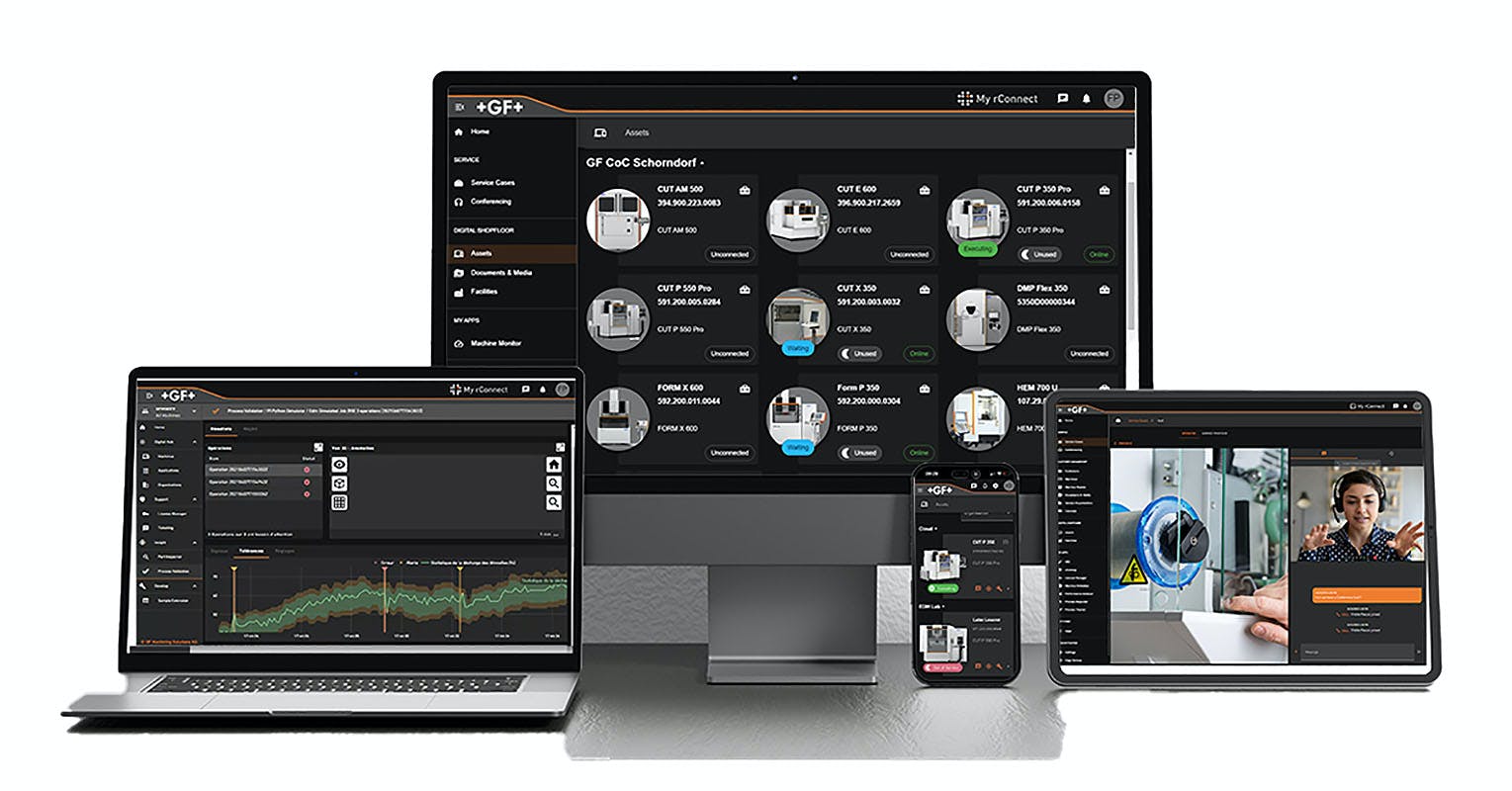 The My rConnect platform allows shops to connect any GF Machining Solutions EDM, milling, and laser texturing machine for fast, responsive and easily accessible service and support, plus expanded digital capabilities.