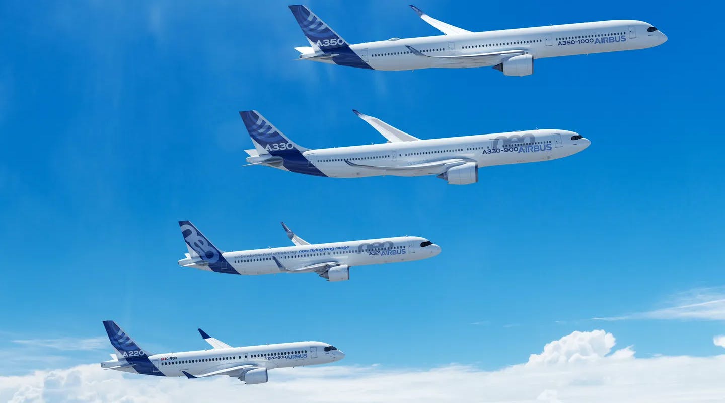 Airbus illustration of its four aircraft series: A220, A320, A330, and A350.