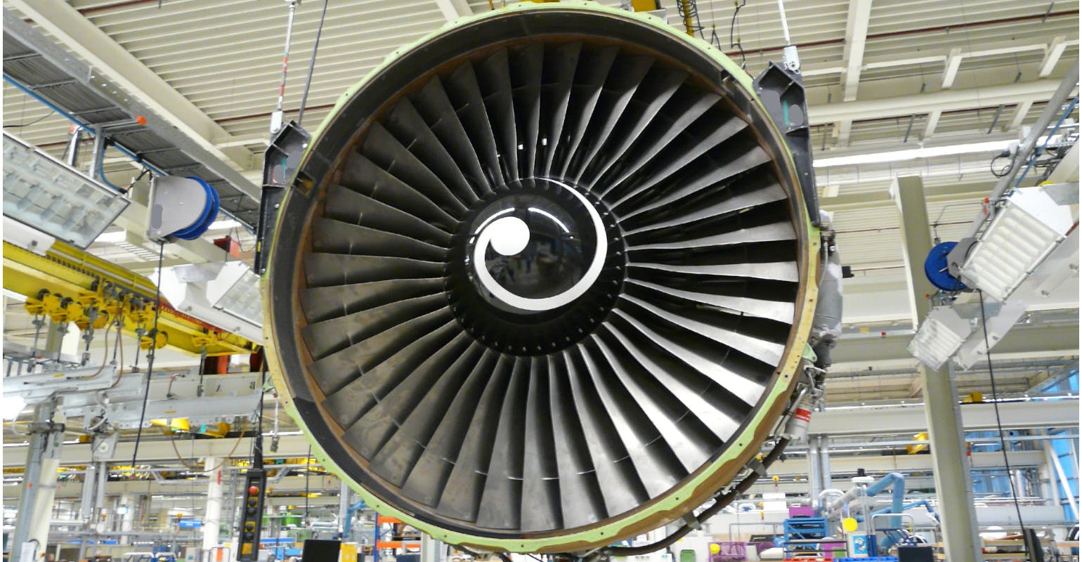 A GE Aerospace high-bypass turbofan jet engine.