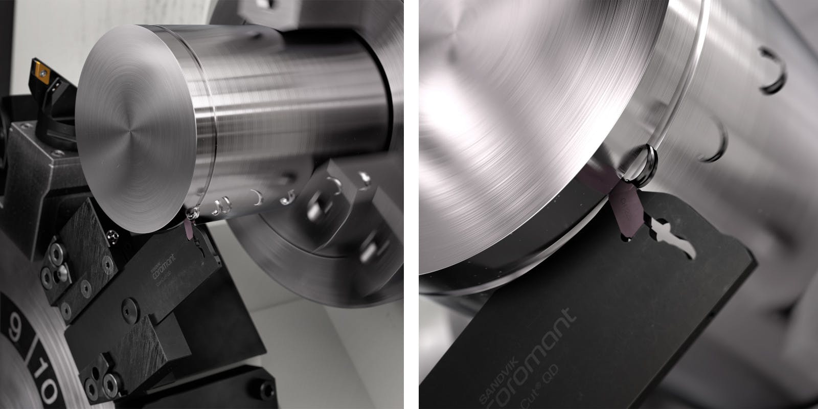 The improved design of the CoroCut&circledR; QD includes better surface quality, so there is less vibration and noise, and allows for parting-off much larger diameters.