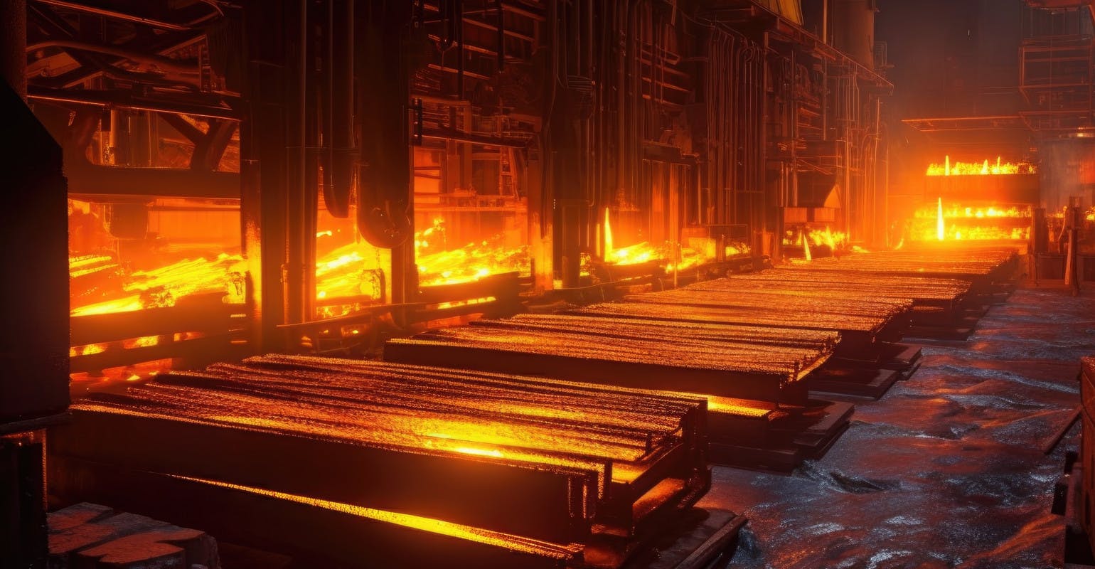 Hot steel bars, AI generated.