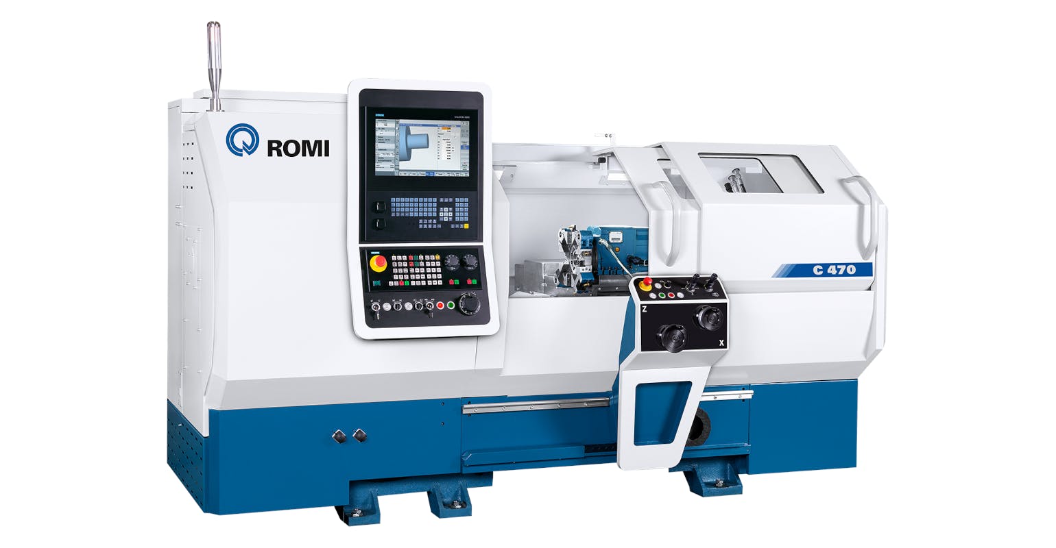 The New Generation C 470 teach lathe has an 18.5-in. swing over bed, a 4,000 rpm 12.5 hp main motor, and 39.37 in. between centers.