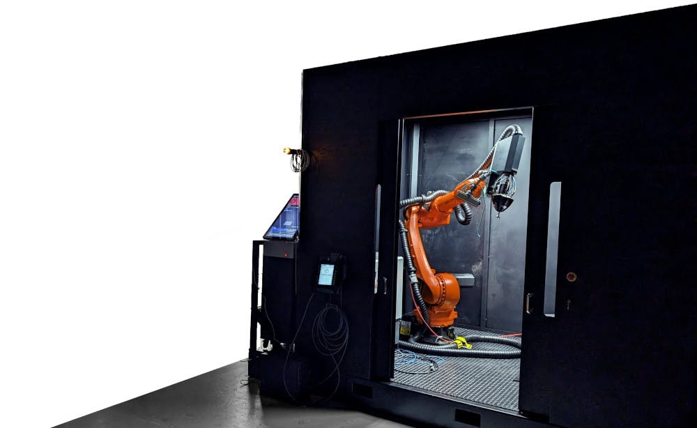 The Robotic Metal Additive Manufacturing System from One-Off Robotics uses KUKA robots for 3D printing processes in support of defense, aerospace, research, and specialized production programs.