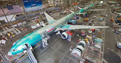 The Boeing 777 long-range jet is assembled on a moving line in Everett, Wash. The Boeing 777 long-range jet is assembled on a moving line in Everett, Wash.