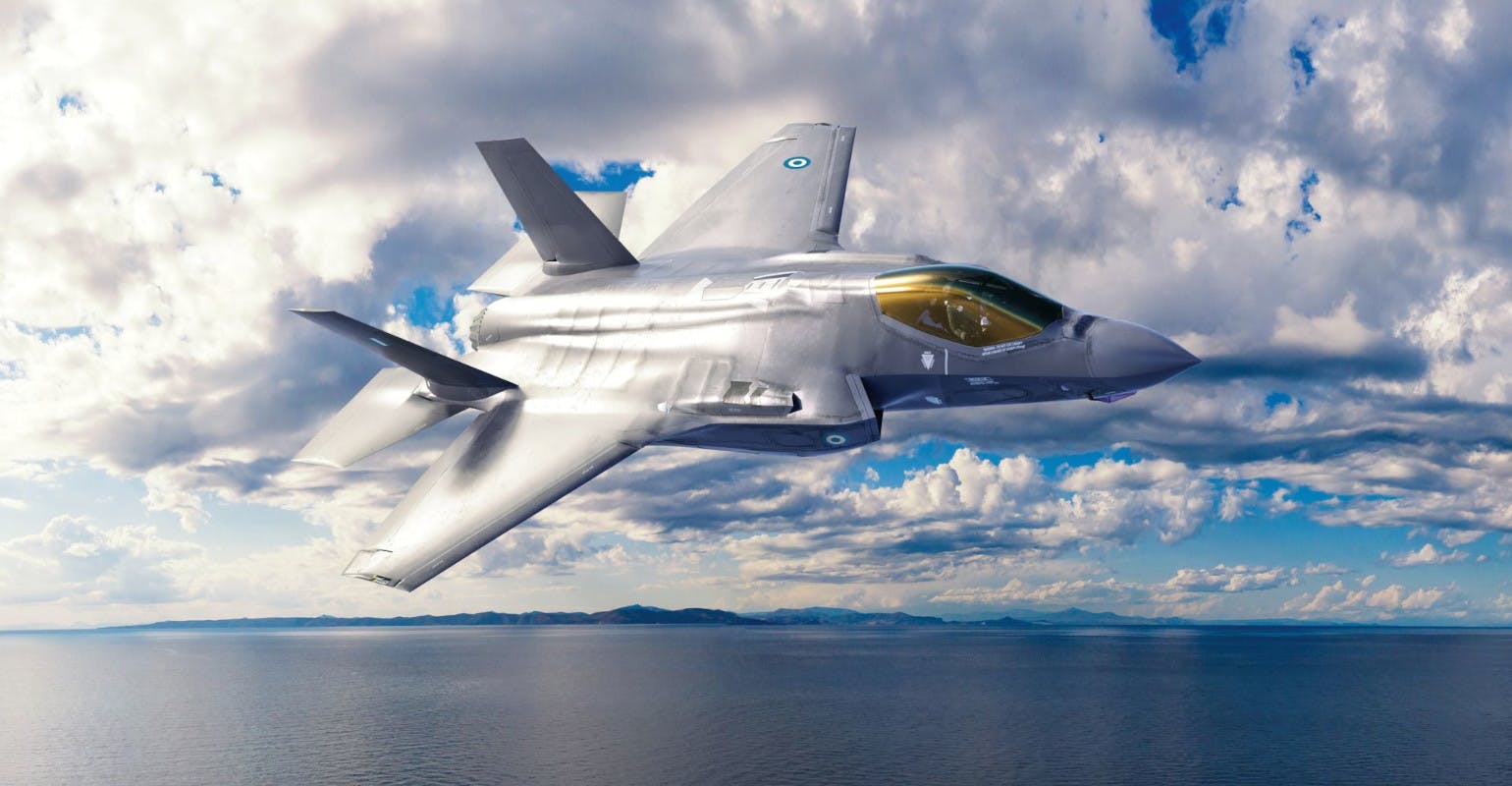 An F-35A fighter aircraft, illustrated in Hellenic Air Force livery.