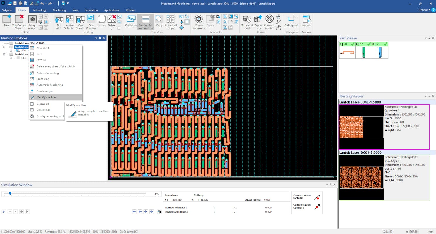 Users interact with Modify Machine in Lantek Expert&rsquo;s 2D and 3D nesting technology and will find pivoting to a new machine as easy as selecting a new one from the drop-down list. Modify Machine adds new lead-ins, places micro-joints, adjusts parameters, and more.