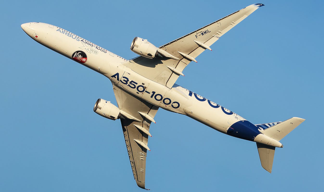 Airbus A350-1000 jet with two Rolls-Royce XWB-97 engines.