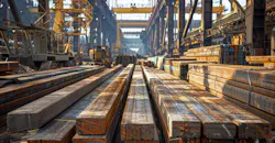 Staging area; steel slabs prepared for processing; AI generated. Staging area; steel slabs prepared for processing; AI generated.