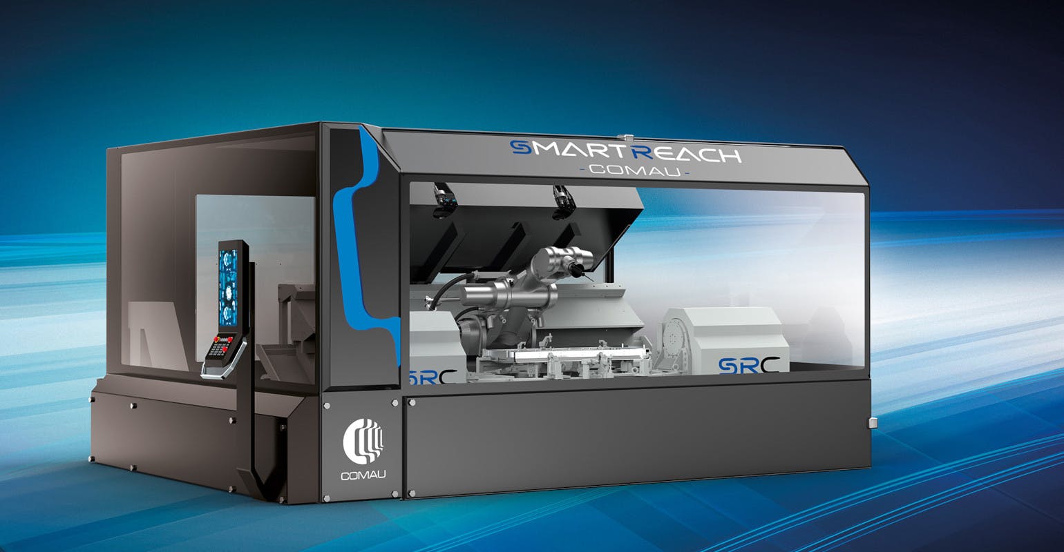 The SmartReach Comau incorporates a linear X axis, reinforced rotary axes with double encoders, and other specifically designed features in order to achieve &ldquo;high-end CNC level performance.&rdquo;