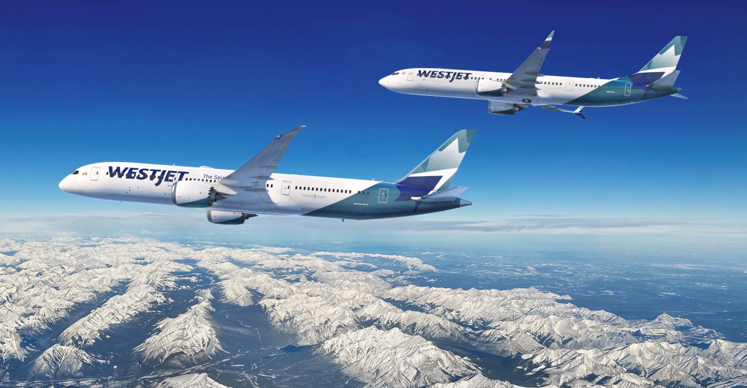 Boeing 737 MAX, 787 Dreamliner illustrated in WestJet livery.