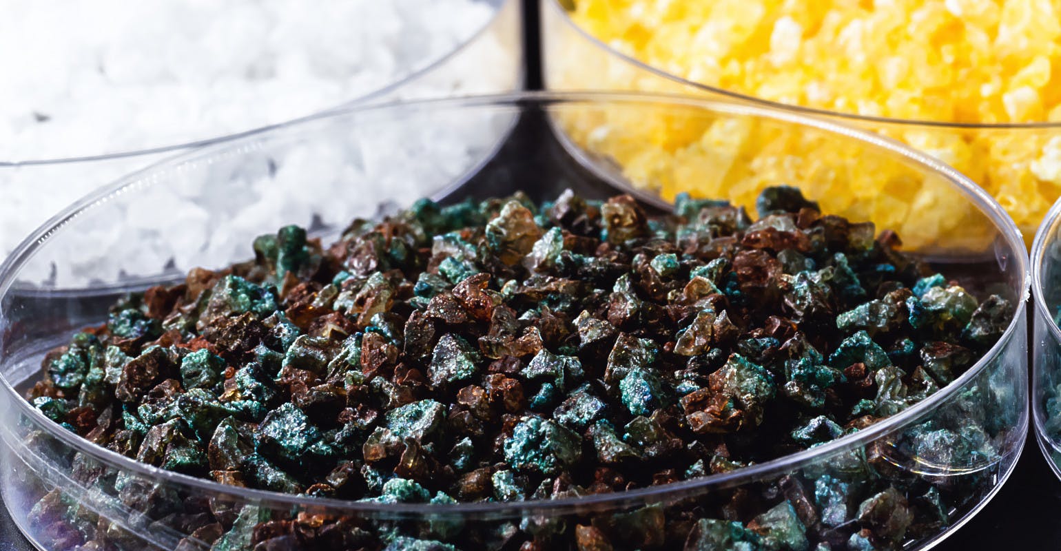 Molten chloride salts, crystals and crystallized rare earth sediments, chemicals used to produce various industrial items.