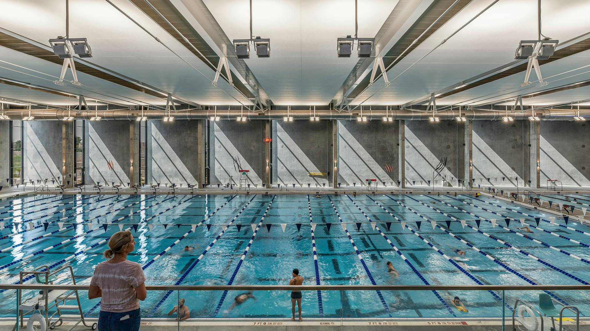 View south toward the interior face of the concrete fin walls, Eastside Recreation Center natatorium, in El Paso, Texas, designed by Perkins&Will