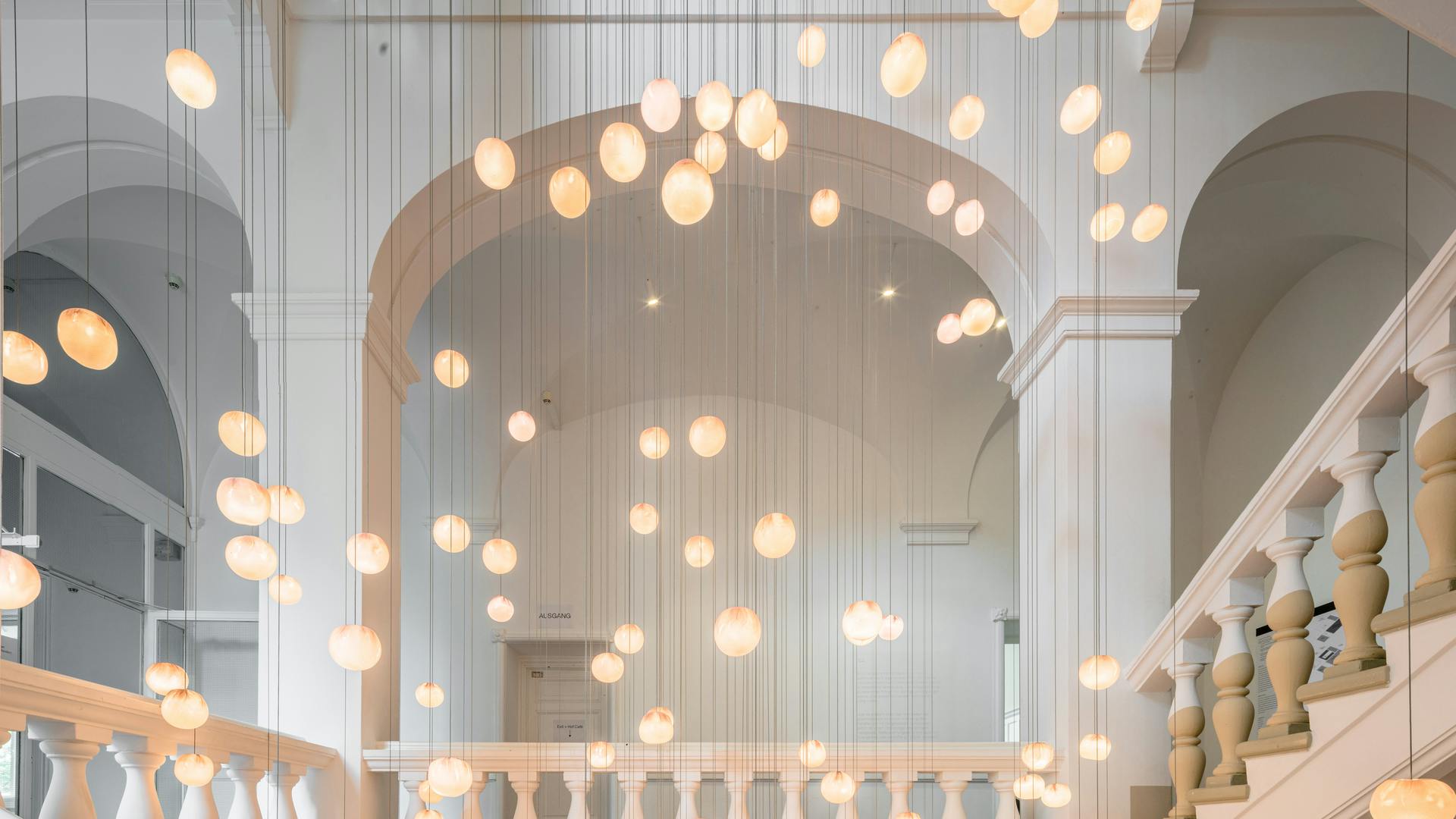 Staircase with Bocci light installation, Omer Arbel, at the Wilmina