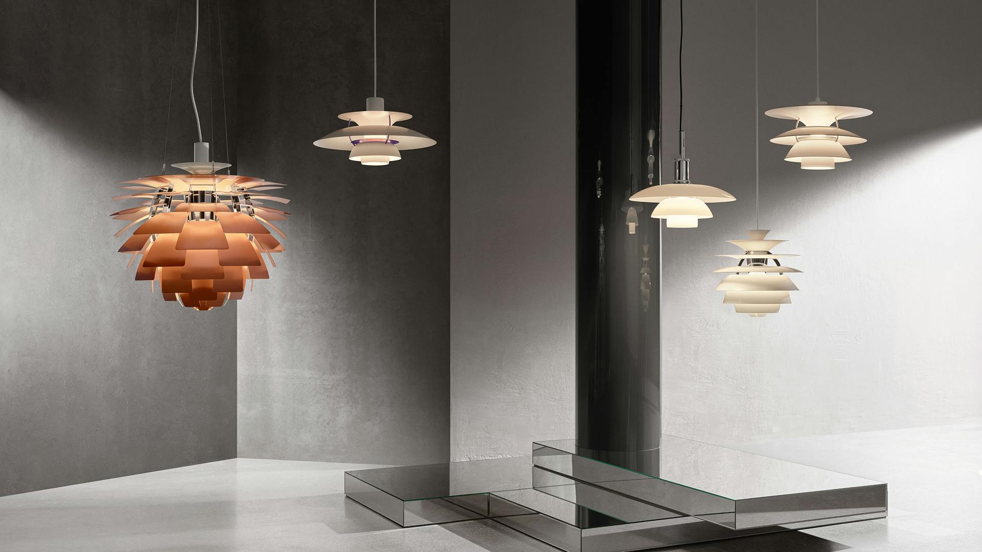 Pendants designed by Poul Henningsen and available through Louis Poulsen (l to r): PH Artichoke, PH 5, PH 4&frac12;-4 Glass Pendant, PH Snowball, PH 5-4&frac12;