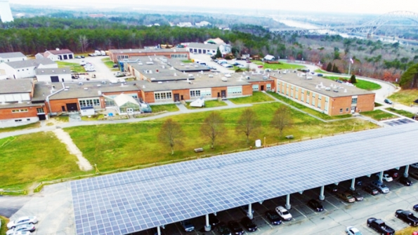 A solar canopy now covers the parking lot at Upper Cape Cod Regional Technical School