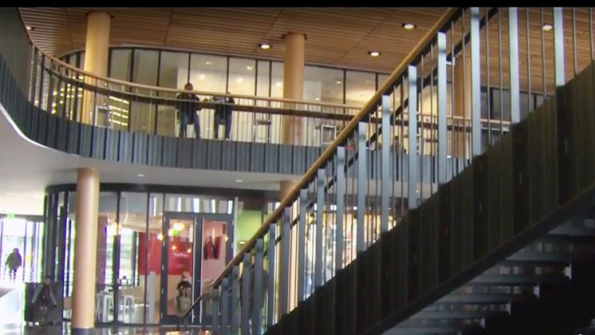 The lobby of the Boston School District administration building where a student was arrested after firing a gun
