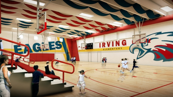 The Joplin Missouri school system has rebuilt most of its gyms as safe rooms This rendering shows the Irving Elementary School gym before it was built The bright colors and recreational equipment in the gym help to keep students calm