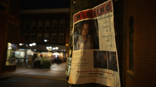 A flyer about the missing of Hannah Graham is seen October 2 in Charlottesville Va Eighteenyearold University of Virginia sophomore Hannah Graham went missing early in the morning of September 13 2014 It has been reported that she was last seen outside Tempo restaurant at the Downtown Mall in Charlottesville