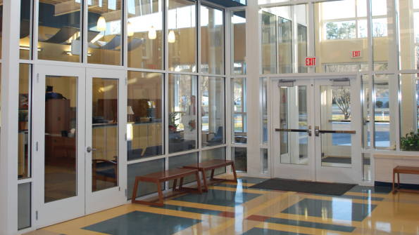The security vestibule at the front entrance of a school has become the standard in school design as seen here in this photo of Abingdon Elementary School in Gloucester County Va