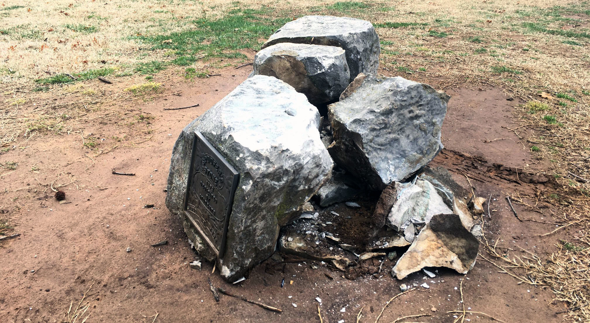Spoofer's Stone, a landmark on the University of Arkansas campus, has been broken into pieces in a construction accident.