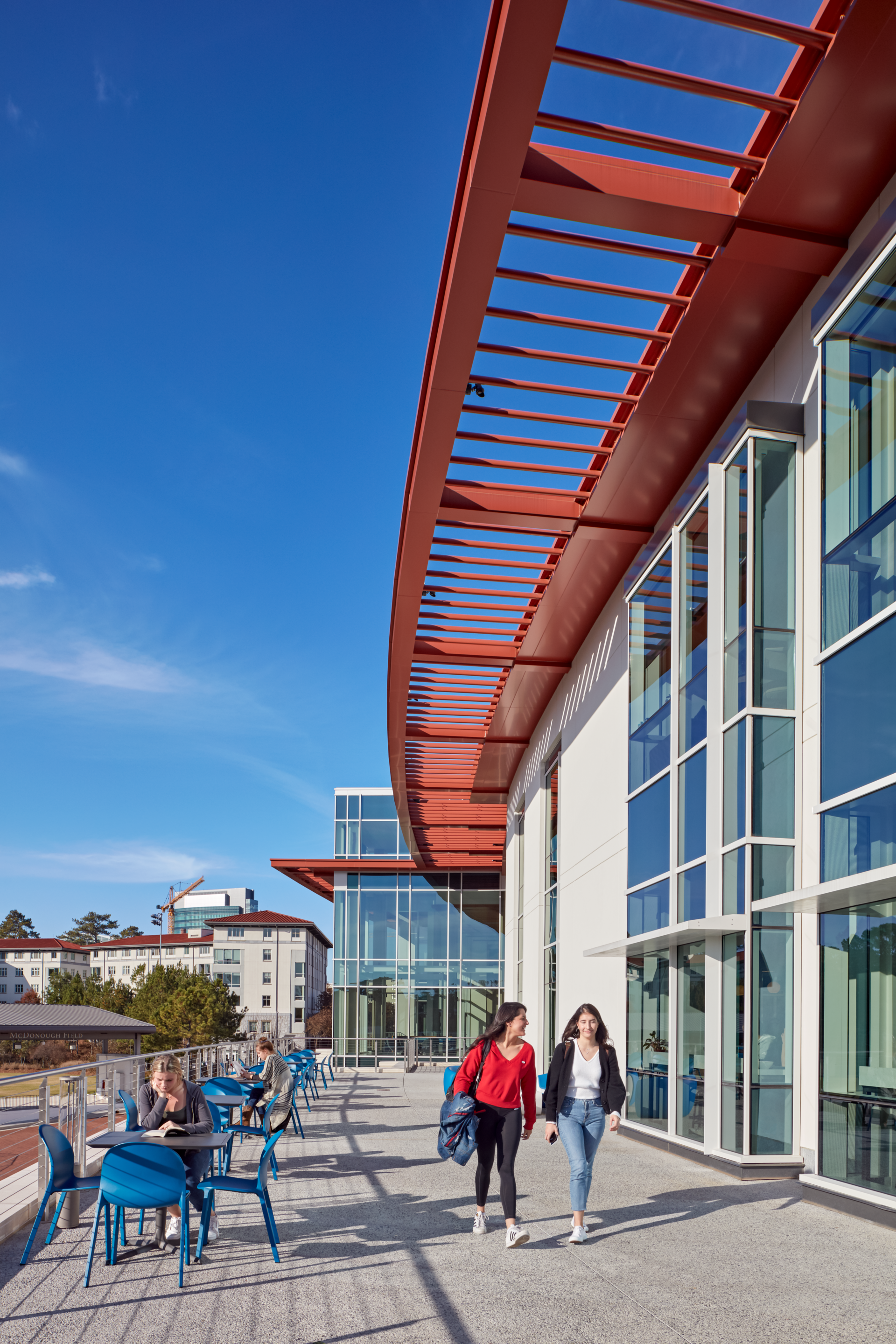 Numerous outdoor terraces are active front porches for individuals and groups at Emory University&rsquo;s Student Center in Atlanta.