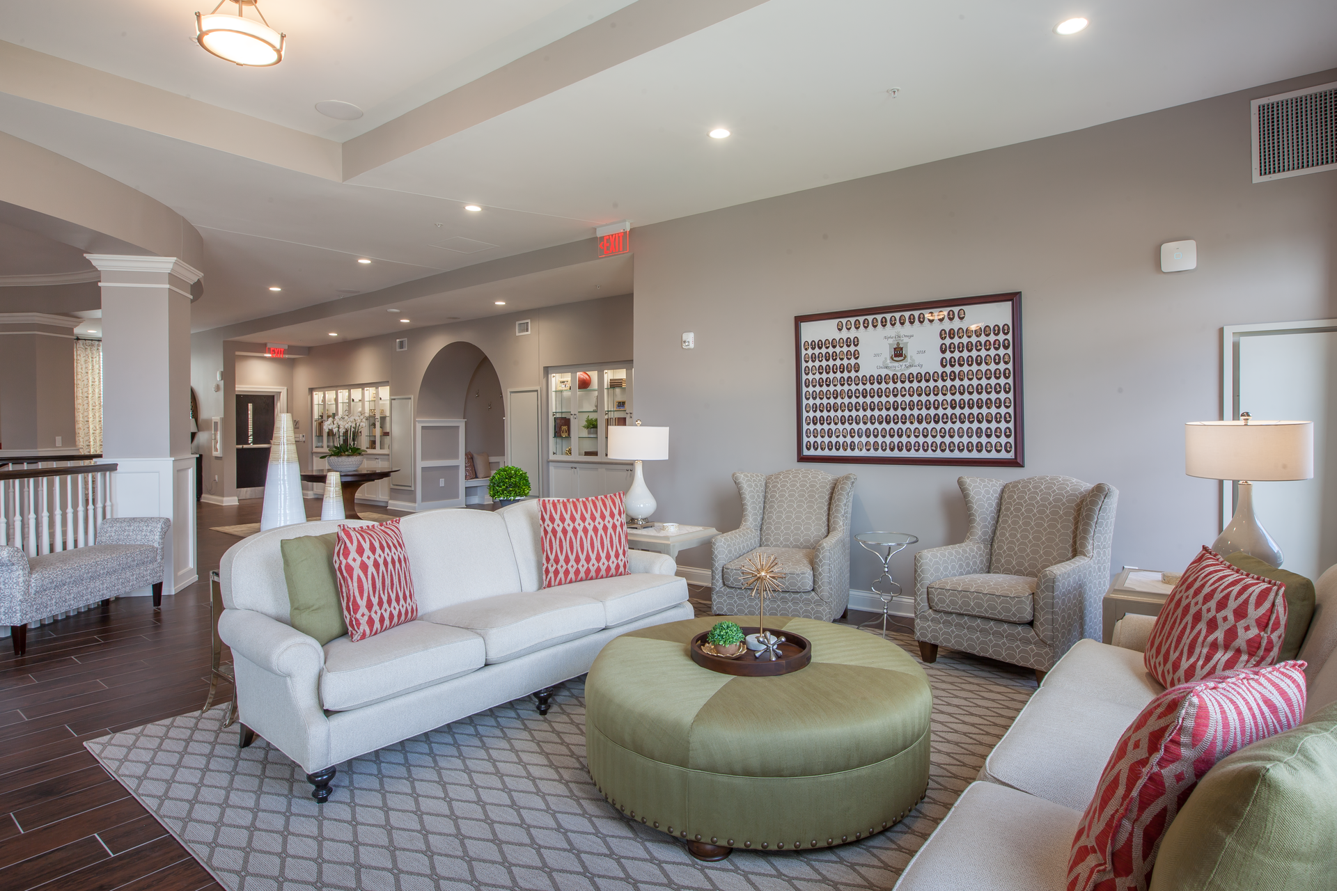 The renovated living room of the Alpha Chi Omega sorority house at the University of Kentucky.
