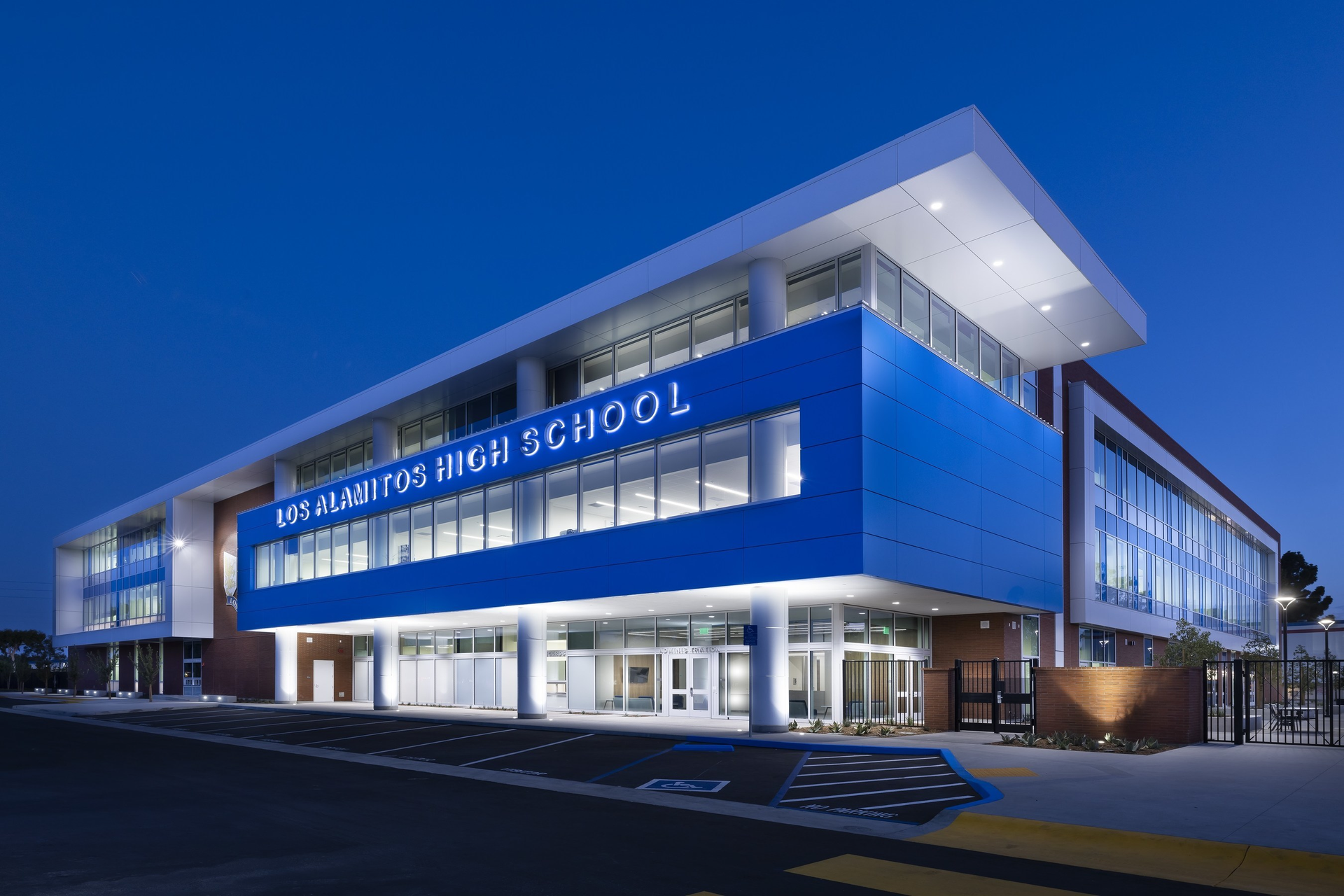 The newly opened $52 million STEM Building at Los Alamitos High School serves as the new campus gateway.