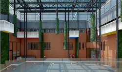 The greenhouse roof of this courtyard can open and close to regulate temperature. The hanging gardens, living walls, and fountain support evapotranspiration. The greenhouse roof of this courtyard can open and close to regulate temperature. The hanging gardens, living walls, and fountain support evapotranspiration.