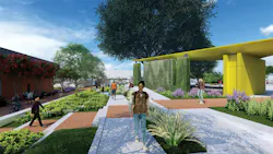 A new sloped walk introduces full accessibility to traverse the Quad with stepped plantings to temporarily hold storm water and slowly filter through the stepped gardens to control runoff. A new sloped walk introduces full accessibility to traverse the Quad with stepped plantings to temporarily hold storm water and slowly filter through the stepped gardens to control runoff.