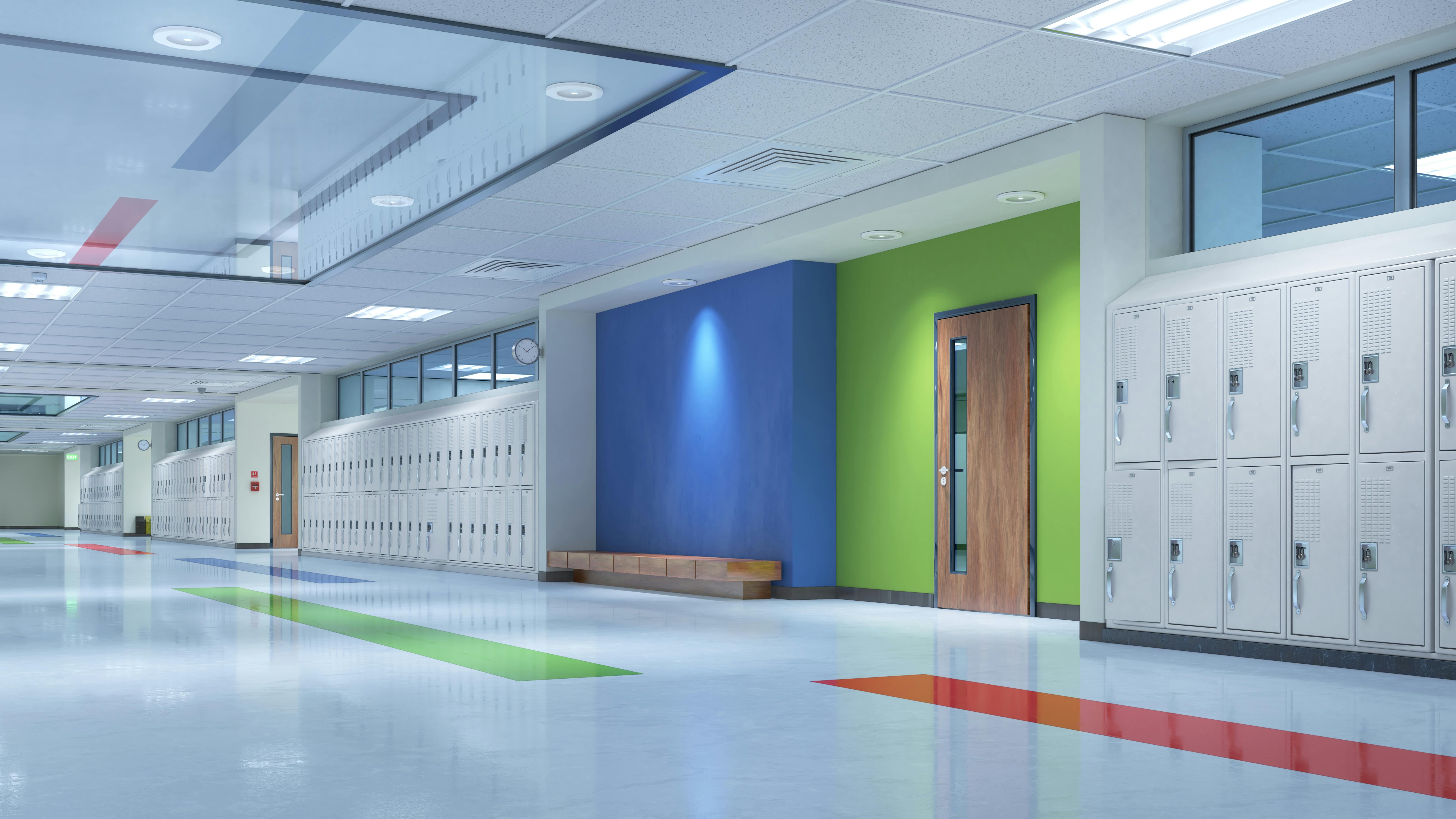 Resilient flooring is often chosen for school corridors.