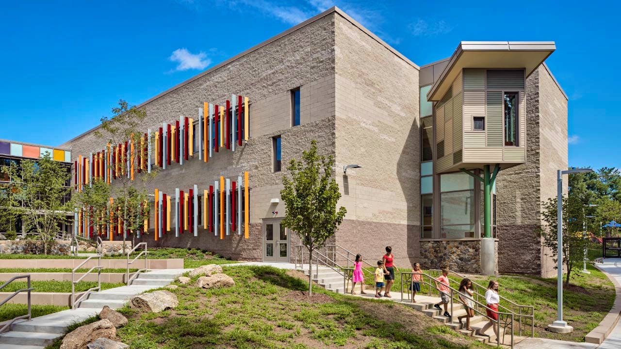 The rebuilt Sandy Hook Elementary School in Newtown, Connecticut, integrates safety considerations into the building itself while maintaining a welcoming environment for students and staff. (Svigal + Partners, an FCA company | &copy;Robert Benson Photography)