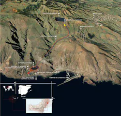 Overview of the El Hierro renewable energy project showing the lower reservoir and hydroelectric plant near the sea. Overview of the El Hierro renewable energy project showing the lower reservoir and hydroelectric plant near the sea.