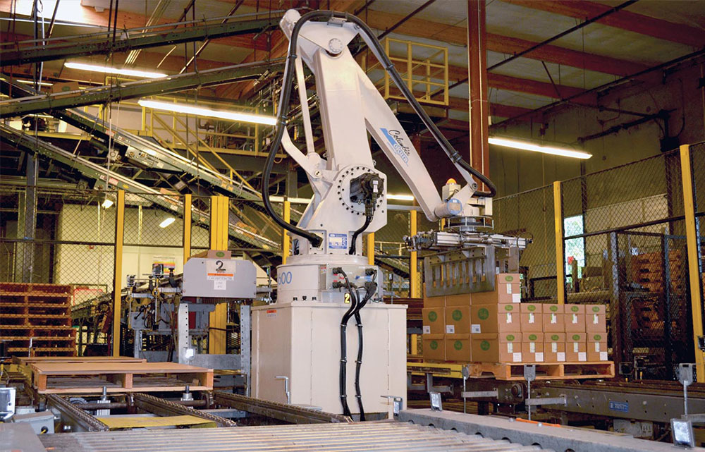 The five robotic palletizers at Pacific Foods&rsquo; facility are compact, easy to program, and flexible enough to adapt to changing p