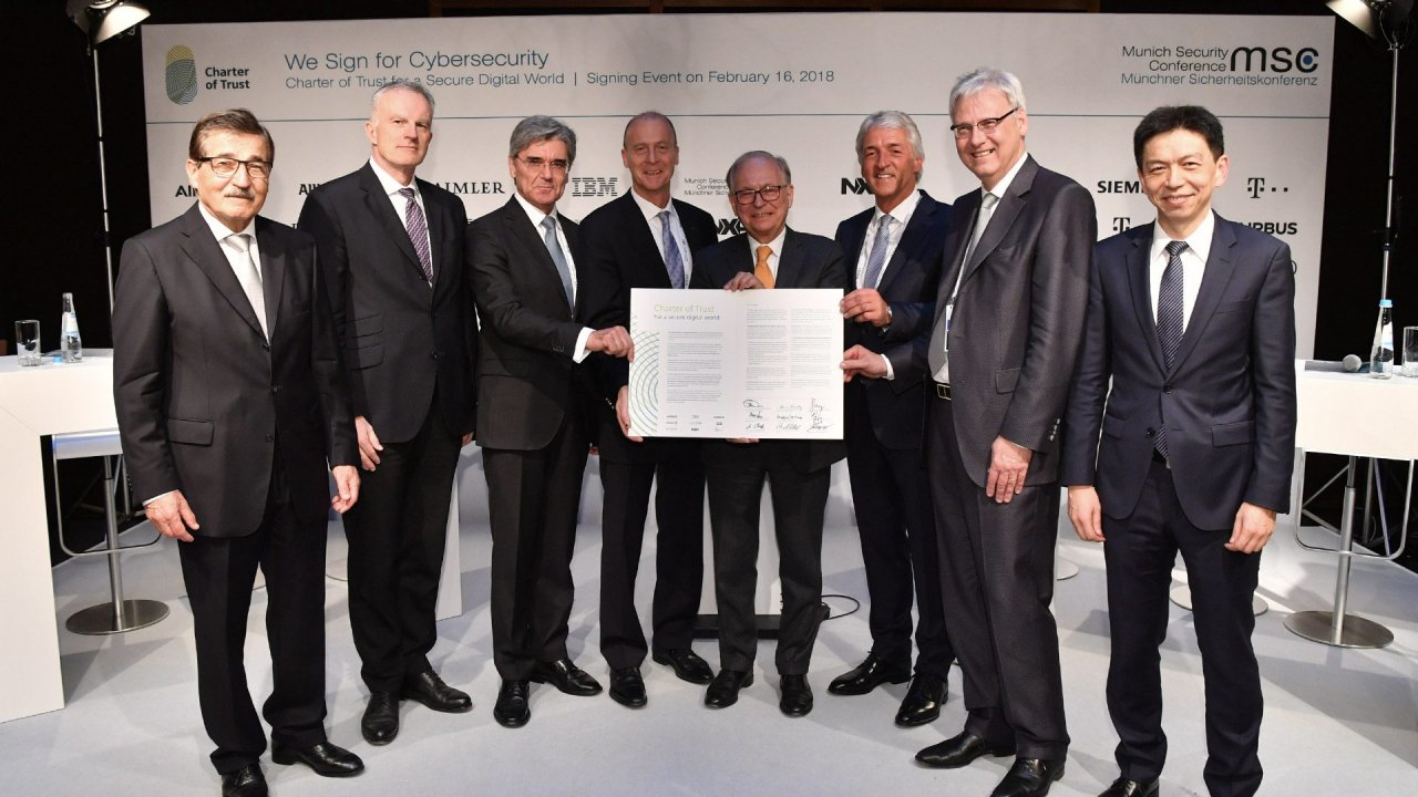 Signers of the Charter of Trust include (left to right) Manfred Bischoff, chairman of the supervisory board for Daimler; Christof Mascher, member of the board of management for Allianz; Joe Kaeser, president and CEO of Siemens; Tom Enders, CEO and executive director of Airbus; Wolfgang Ischinger, chairman of the Munich Security Conference; Rudy Stroh, executive vice president at NXP Semiconductors; Thomas Kremer, management board member for Deutsche Telekom; and Frankie Ng, CEO of SGS.