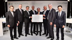 Signers of the Charter of Trust include (left to right) Manfred Bischoff, chairman of the supervisory board for Daimler; Christof Mascher, member of the board of management for Allianz; Joe Kaeser, president and CEO of Siemens; Tom Enders, CEO and executive director of Airbus; Wolfgang Ischinger, chairman of the Munich Security Conference; Rudy Stroh, executive vice president at NXP Semiconductors; Thomas Kremer, management board member for Deutsche Telekom; and Frankie Ng, CEO of SGS. Signers of the Charter of Trust include (left to right) Manfred Bischoff, chairman of the supervisory board for Daimler; Christof Mascher, member of the board of management for Allianz; Joe Kaeser, president and CEO of Siemens; Tom Enders, CEO and executive director of Airbus; Wolfgang Ischinger, chairman of the Munich Security Conference; Rudy Stroh, executive vice president at NXP Semiconductors; Thomas Kremer, management board member for Deutsche Telekom; and Frankie Ng, CEO of SGS.