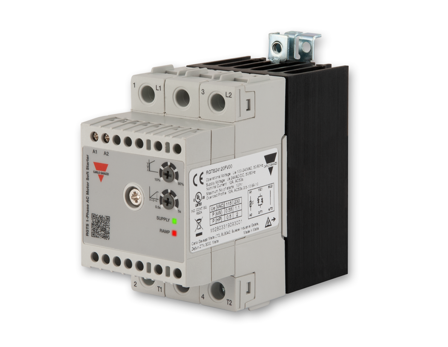 The RGTS Series single-phase motor soft-starters from Carlo Gavazzi can control 120 or 240 VAC induction motors up to 25A/3 hp.