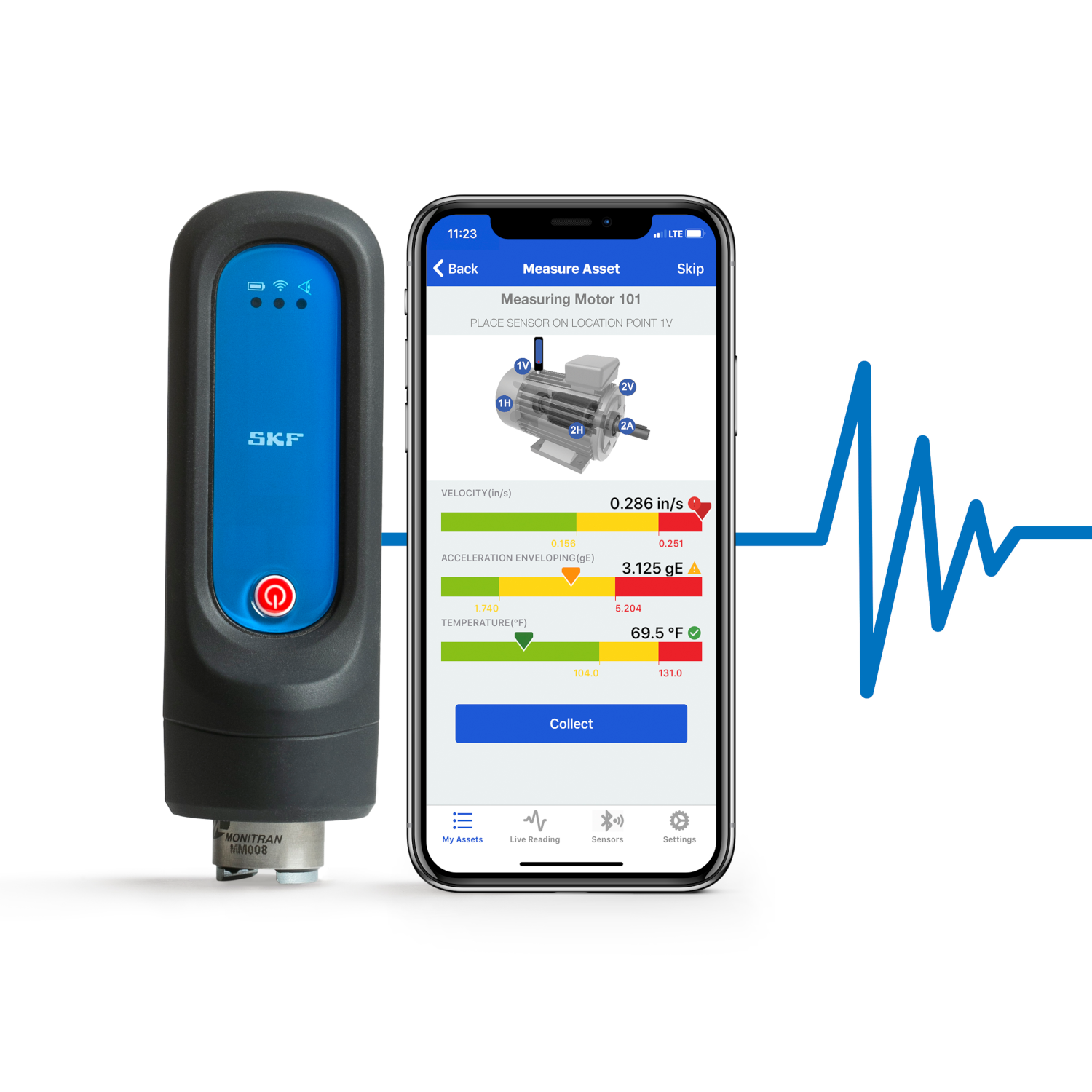 Portable sensor and intuitive mobile app from SKF for simplified inspection, machine health data collection and expert analysis.