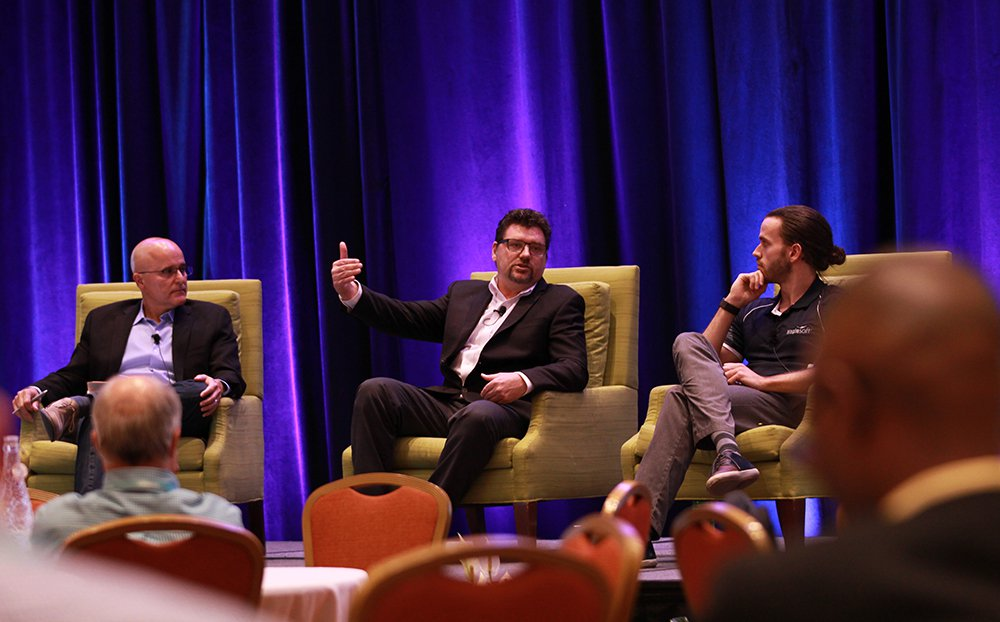 A panel on understanding the digital twin includes (left to right) moderator David Greenfield of Automation World, John DeTellem