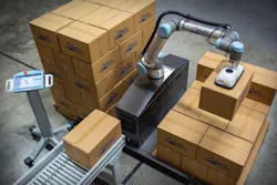 Columbia/Okura's miniPAL is a mobile collaborative palletizing product that integrates Universal Robot’s UR10e. Columbia/Okura's miniPAL is a mobile collaborative palletizing product that integrates Universal Robot’s UR10e.