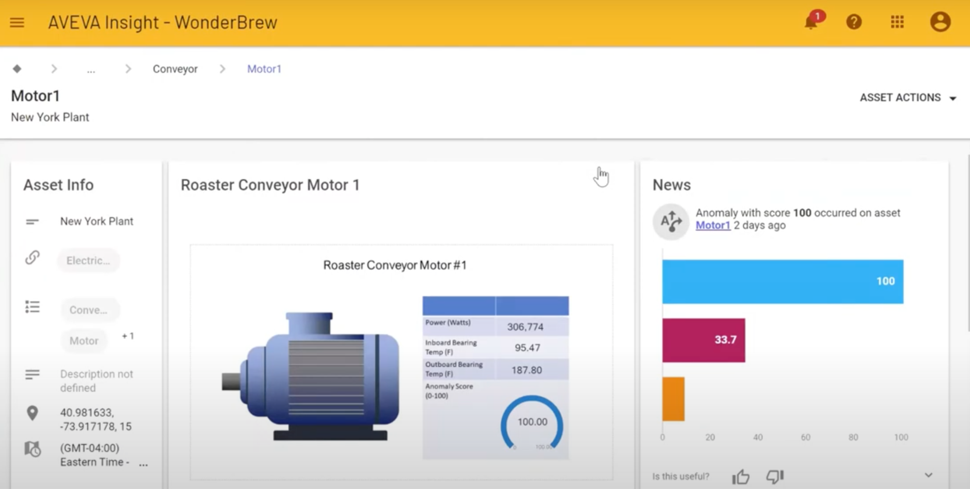 With Aveva Insights, users can see details showing the specific operating parameters that have been crossed by the motor, the consequences of motor failure to the line, and prescriptive actions he can take to solve the issue.