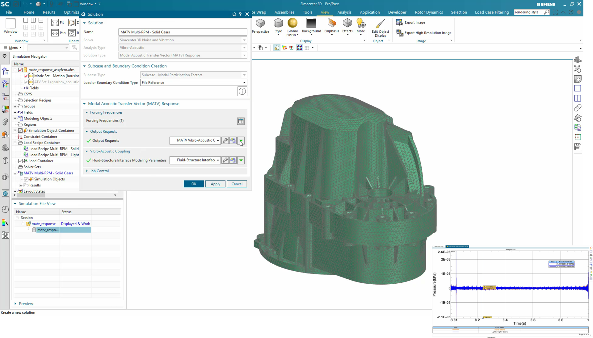 Evaluate sound performance with auralization: New in Simcenter 3D, pressure results as function of time (bottom right) can be played as an audio file.