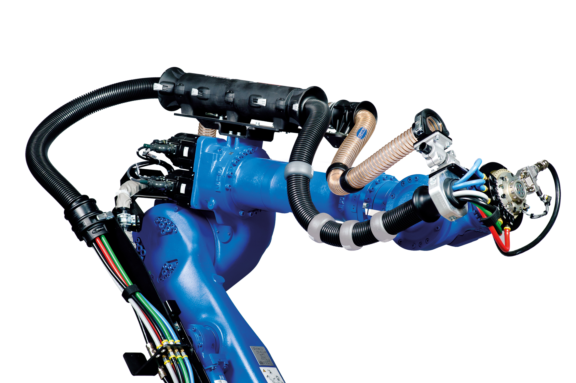 Cables and hoses are routed in conduit around the robot to protect them against the robot&rsquo;s movements and application environment.